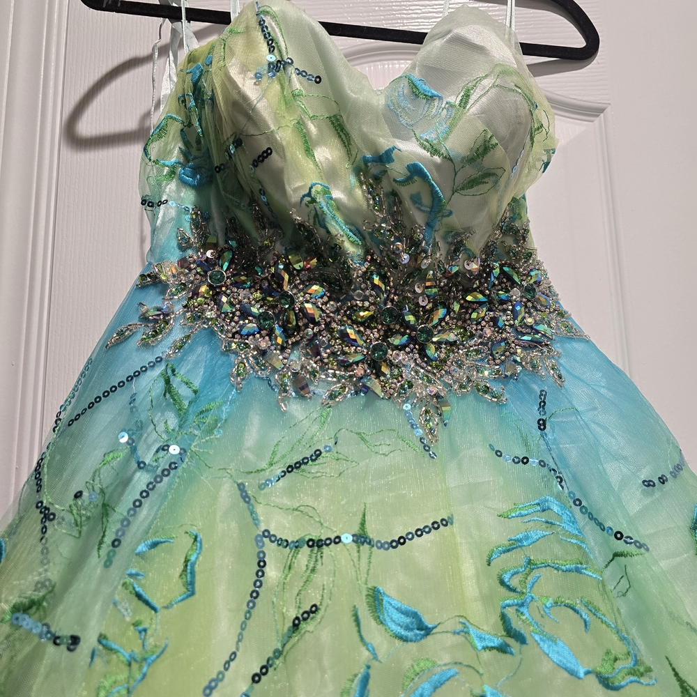 Strapless Blue and Green Floral Gown - Picture 2 of 5